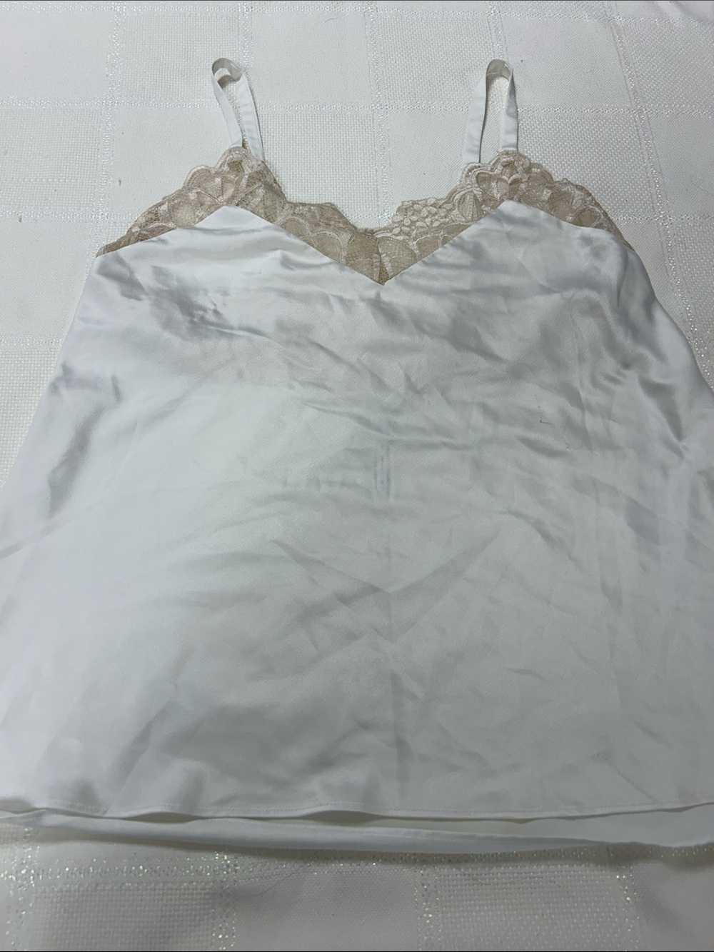 Flora Nikrooz White Satin Cami with Beige Lace Trim